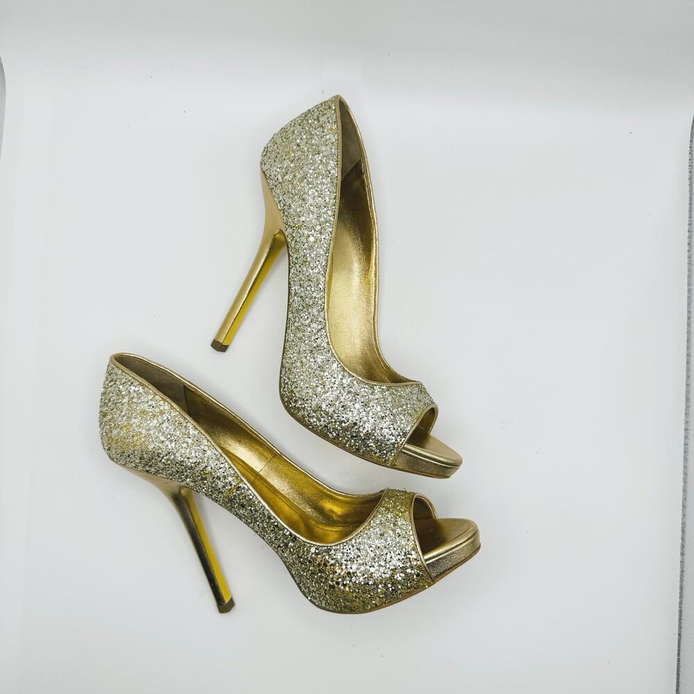 Miu Miu Gold Glitter Peep Toe Pumps Platform Party Heels Sparkle Chic Size EU 40